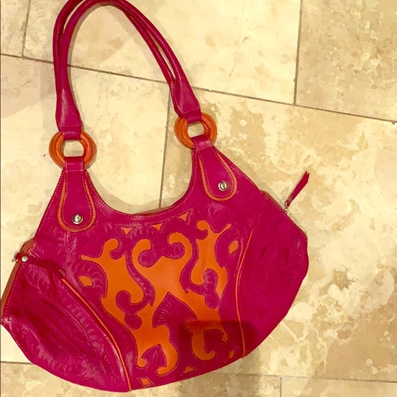 leaders in leather Handbags - Pink and orange tooled leather bag